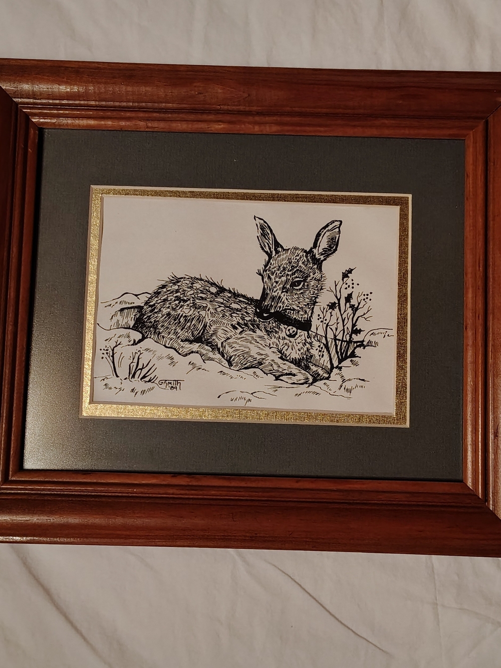 Vintage 1989 Signed And Framed Fawn Deer Ink Drawing Art Rustic Country